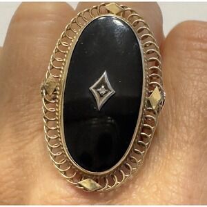 Sz 8 Art Deco Diammond Black Onyx 14K Yellow White Gold Filagree Ring Statement